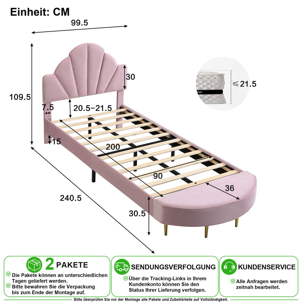 POLSTERBETT 90/200 cm in Rosa mit Bettbank und Samtkopfteil - Rosa, Holzwerkstoff/Textil (90/200cm) - CHICFURN