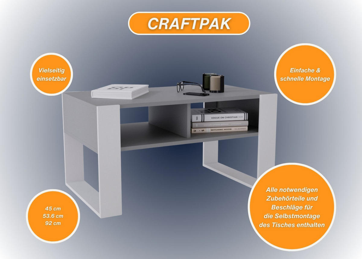 COUCHTISCH Holzwerkstoff rechteckig stabil Dunkelgrau 45/53,6/92cm - Dunkelgrau/Weiß, Holzwerkstoff (53.6/92/45cm) - CraftPAK