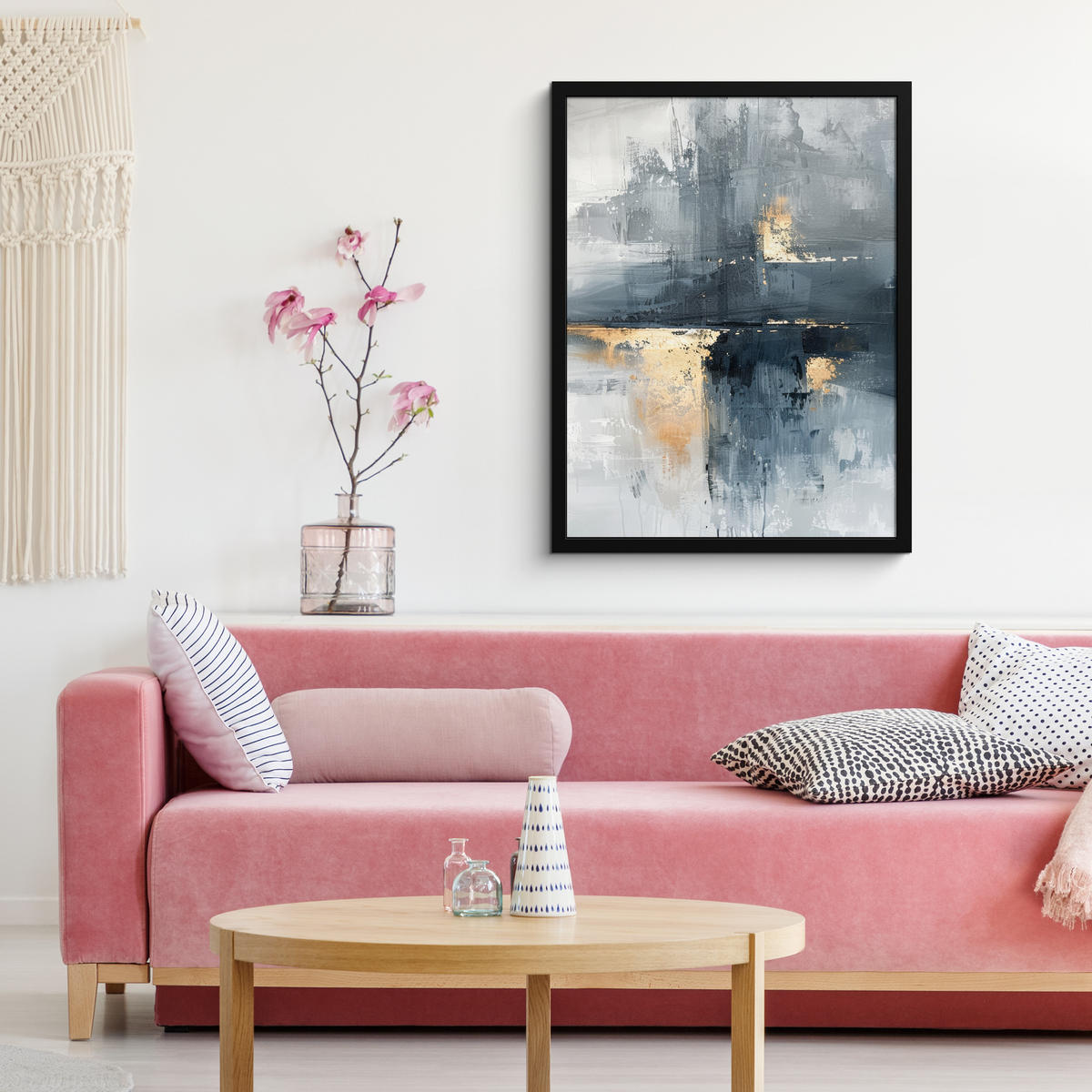 GERAHMTES BILD Kunst - Grau - Gold - Abstrakt 60x80 cm - Dunkelgrau, Papier (60/80cm) - MuchoWow