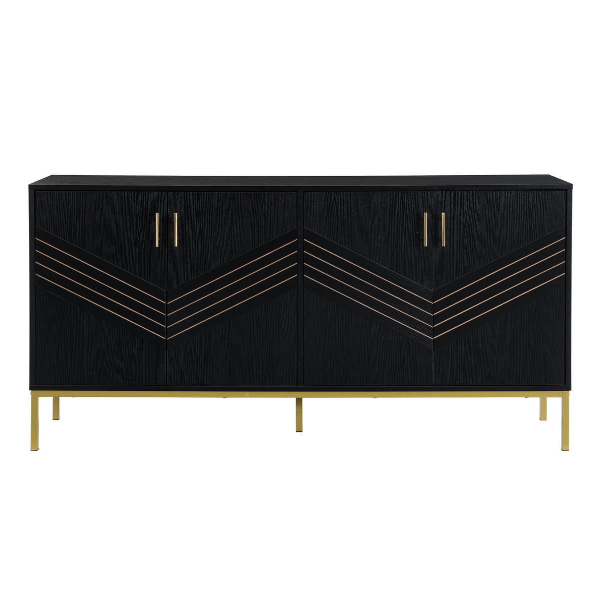 SIDEBOARD mit 4 Türen und höhenverstellbaren Einlegeböden, schwarzes MDF mit goldenen Metallakzenten, 160/40/80,5 cm, Schwarz + Holzmaserung - Schwarz, Holzwerkstoff (160/80.5/40cm) - Redom