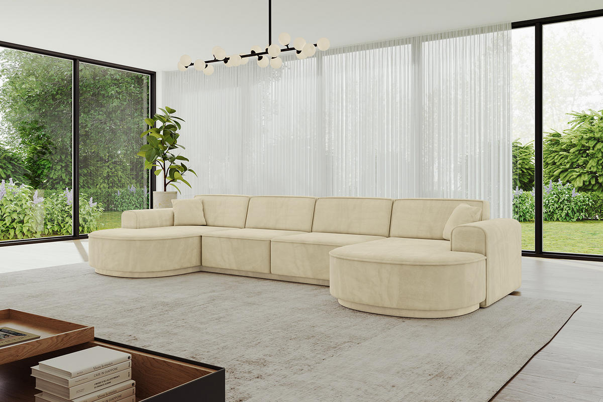 WOHNLANDSCHAFT MARI-U2-v3 - 388x171x83 cm Beige Velours - Beige/Schwarz, Holzwerkstoff/Kunststoff (388/83/171cm) - ALTDECOR