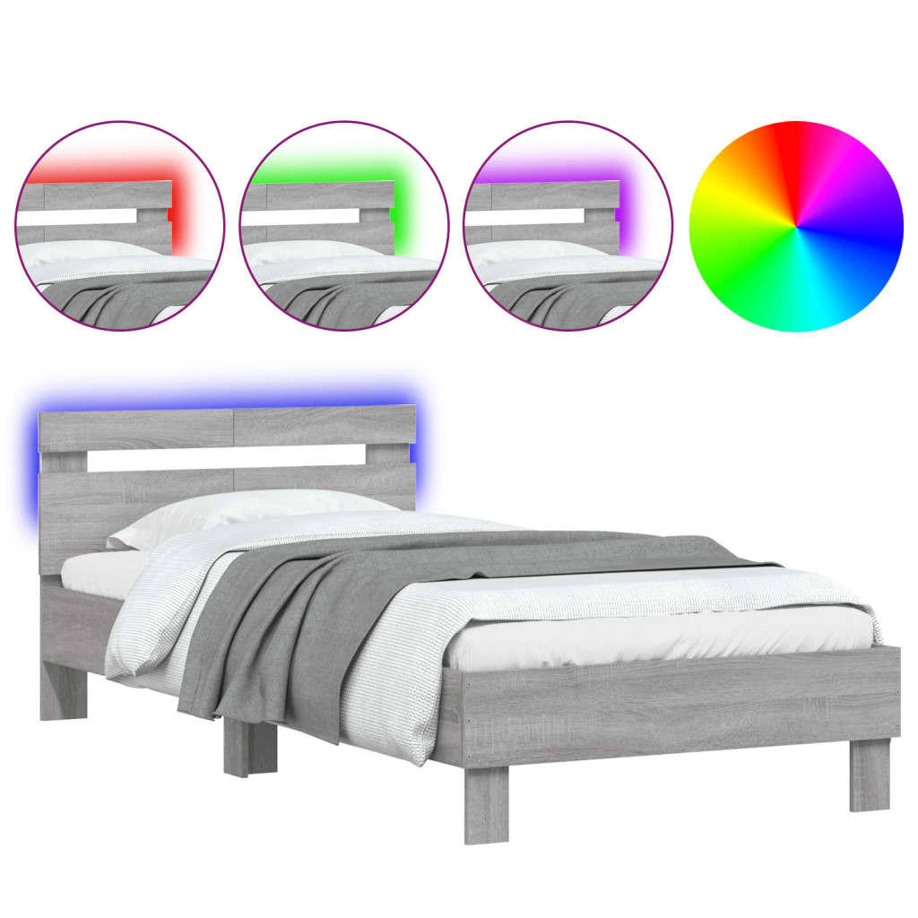 BETTGESTELL Mit Kopfteil Und Led-Leuchten Grau Sonoma 100/200Cm - Grau, Holzwerkstoff (100/200cm) - vidaXL