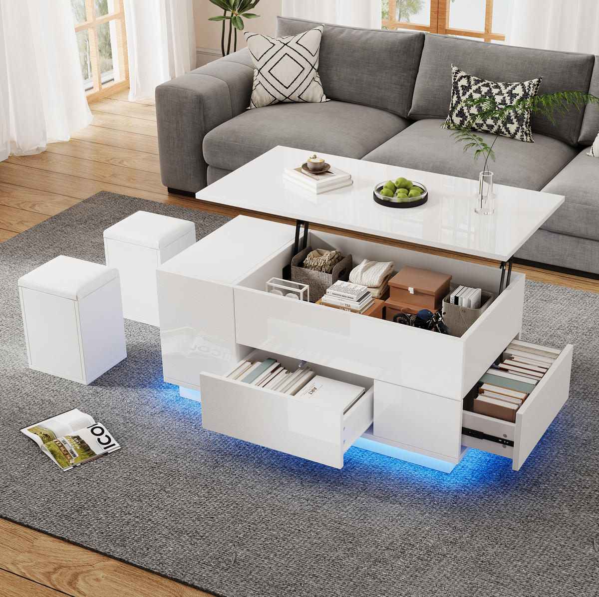 COUCHTISCH aus Spanplatte 100x50x45 cm in Weiß mit Hubfunktion & LED - Weiß, Holzwerkstoff (100/50/45cm) - Modfu