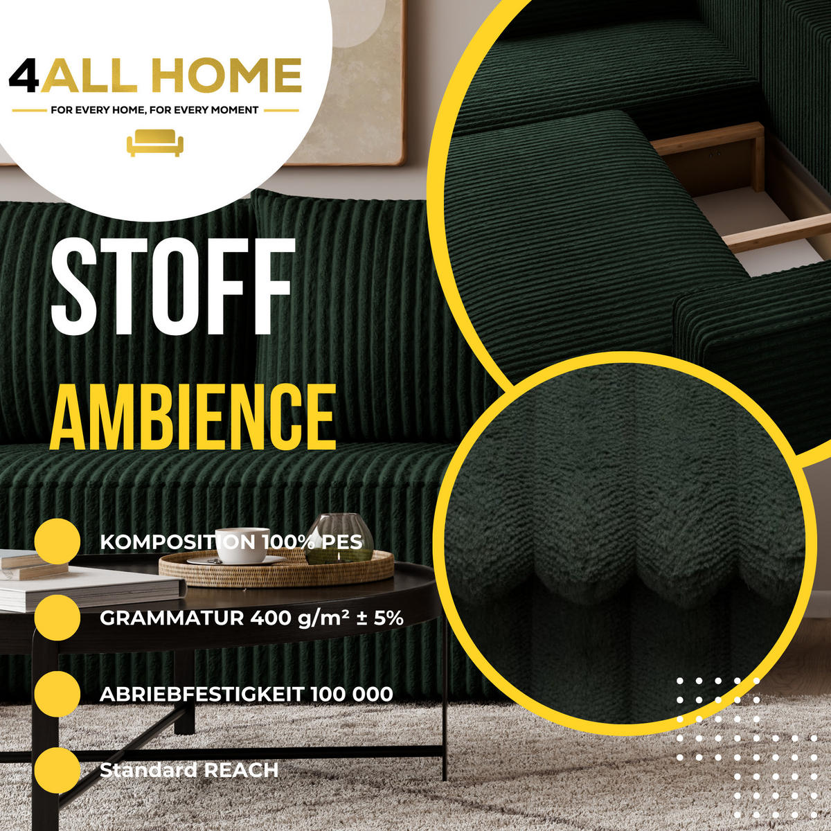 ECKSOFA Tobi mit Bettkasten und Schlaffunktion, L-Form, Cordstoff, Universal - Dunkelgrün, Holzwerkstoff (246/145cm) - 4ALL HOME