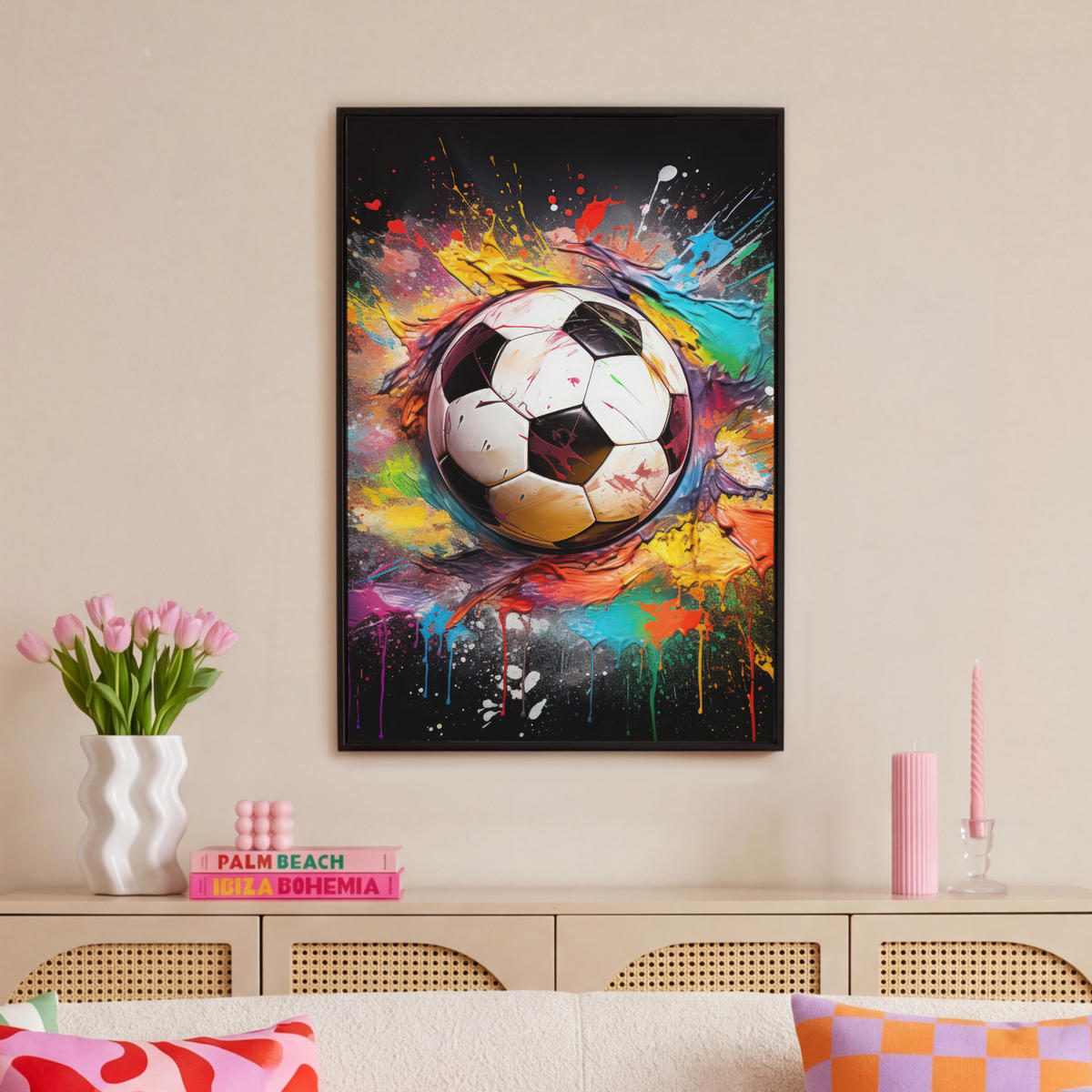 LEINWAND Bilder mit Rahmen - Fußball - Farbe - Farben - Schwarz - Weiß - 60x90 - Weiß, Textil (60/90cm) - MuchoWow