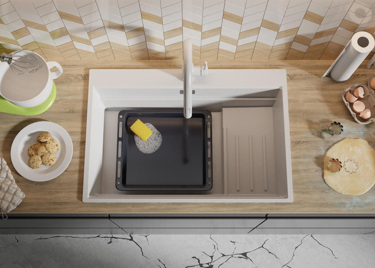 SPÜLBECKEN Oslo Max, 2-er set Weiß 78/53 cm 1 Becken + Ablauf-Set + Küchenzubehörset ab 80er Unterschrank - Chromfarben/Beige, Kunststoff (78/20/53cm) - Primagran