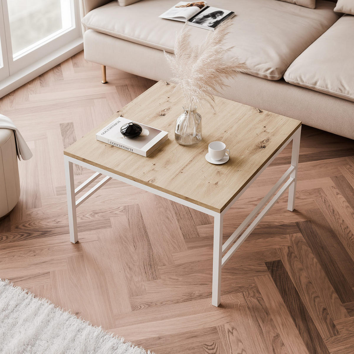 COUCHTISCH FORMA 60/60 cm Quadrat, Weiß / Artisan-Eiche - Weiß/Eiche Artisan, Metall (60/60/46cm) - Idohome