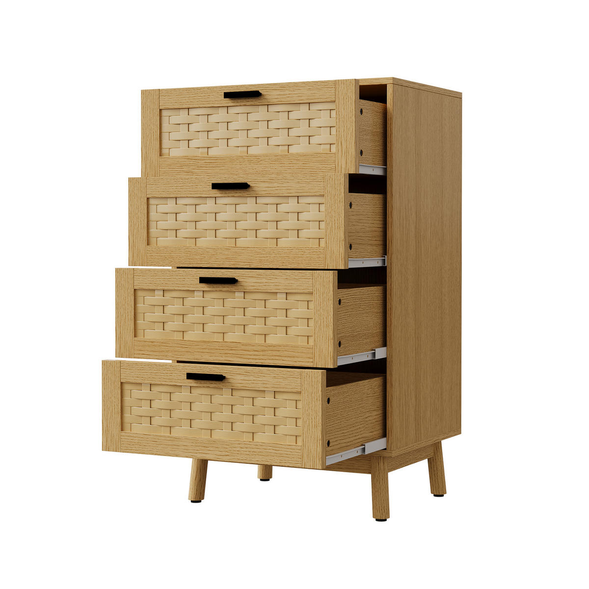 KOMMODE Japandi mit 4 Schubladen in Rattan-Optik 55/40/95 cm Eiche-Dekor - Eichefarben, Holzwerkstoff (55/95/39.8cm) - Creahappy