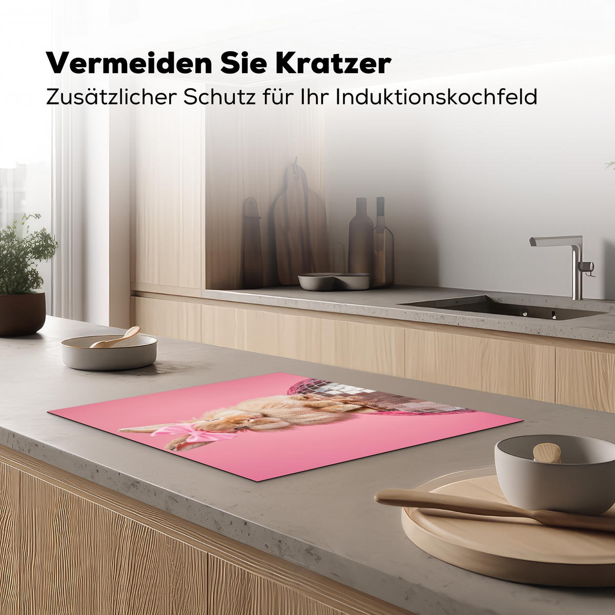 HERDABDECKPLATTE Schleife - Discoball - Kaninchen Herdabdeckung Induktionsfeld 65x52 cm - Pink, Kunststoff (65/52/0.2cm) - MuchoWow