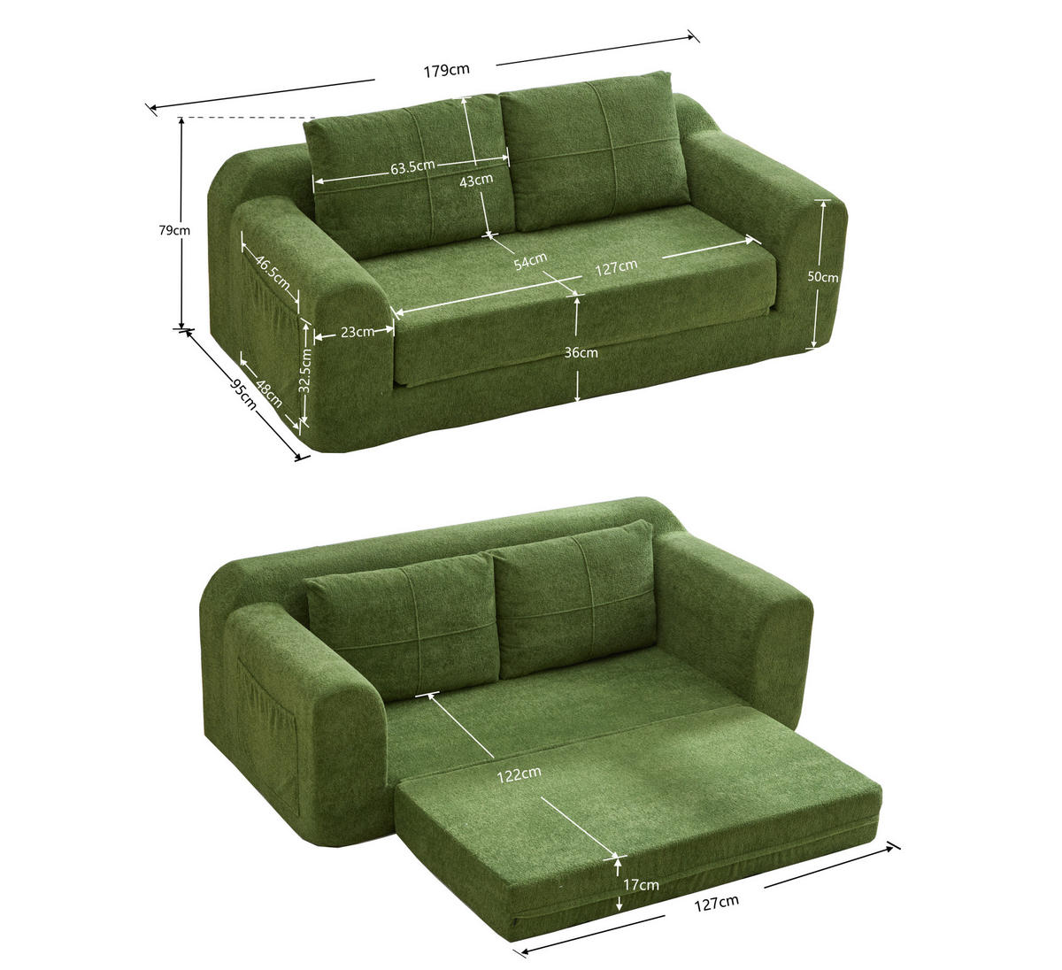 SCHLAFSOFA 179/95/79 cm 2-in-1 klappbar aus Stoff mit Armlehnen, Armeegrün - Grün, Textil (178/61.5/96cm) - Redom