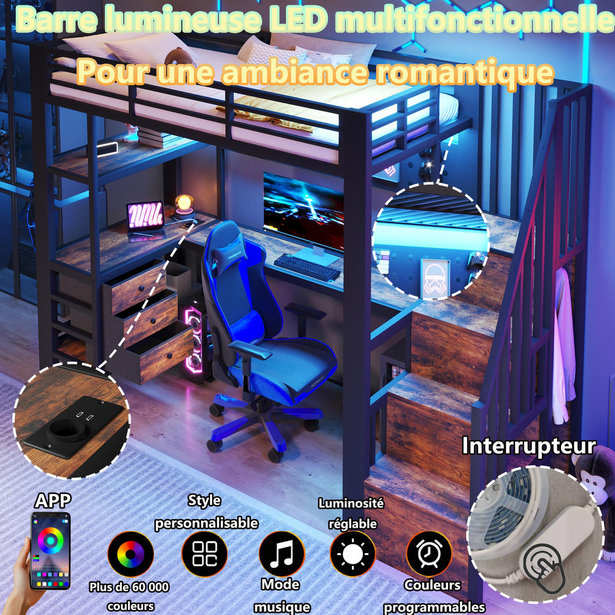 HOCHBETT 90/200 cm in Schwarz mit 3 Schubladen, Lochwand, Tisch, LED und Steckdose - Schwarz, Holzwerkstoff/Metall (90/200cm) - STILVORA