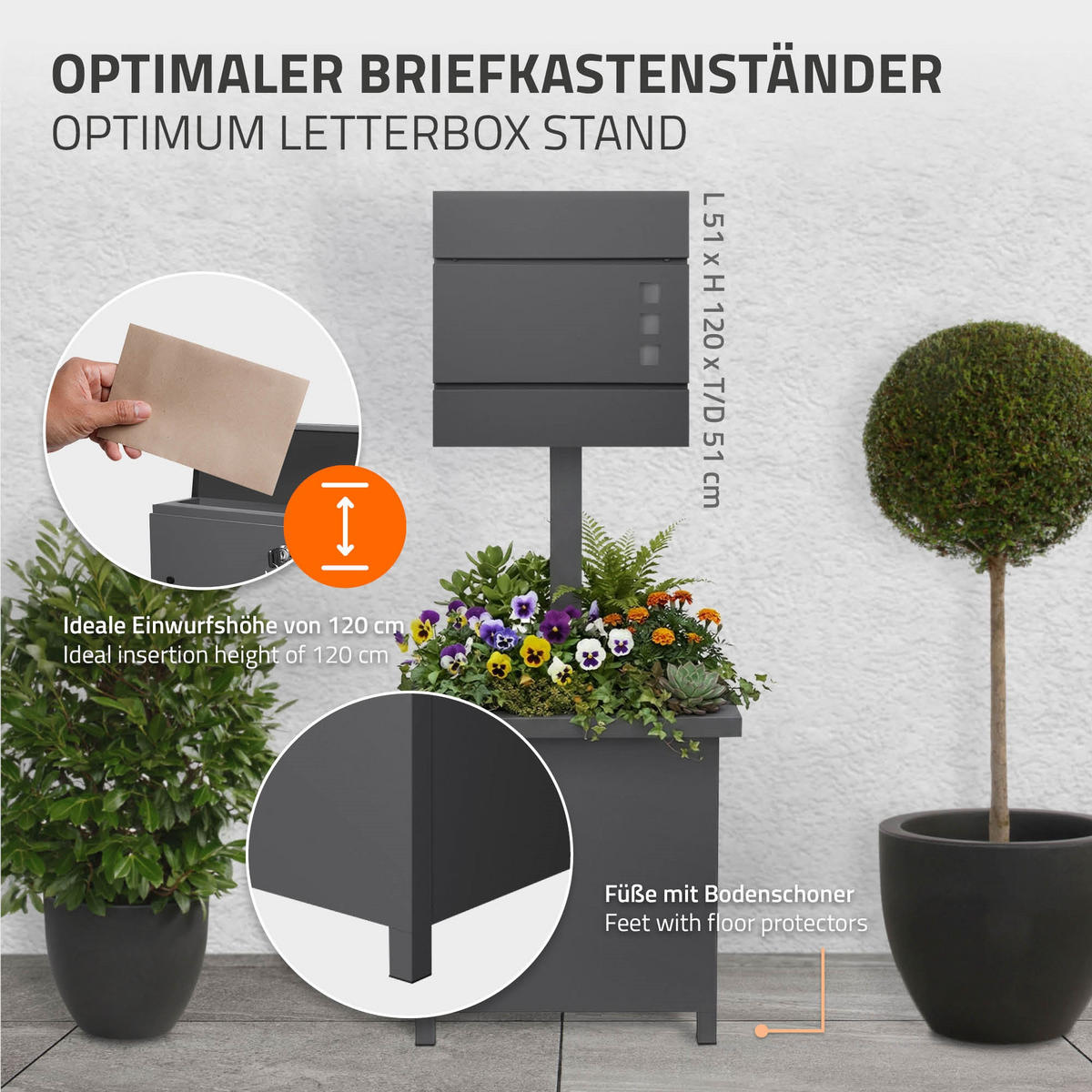 BRIEFKASTENSTÄNDER mit Pflanzkasten Anthrazit H:120 cm aus Stahl - Grau, Metall (120cm) - ML-DESIGN