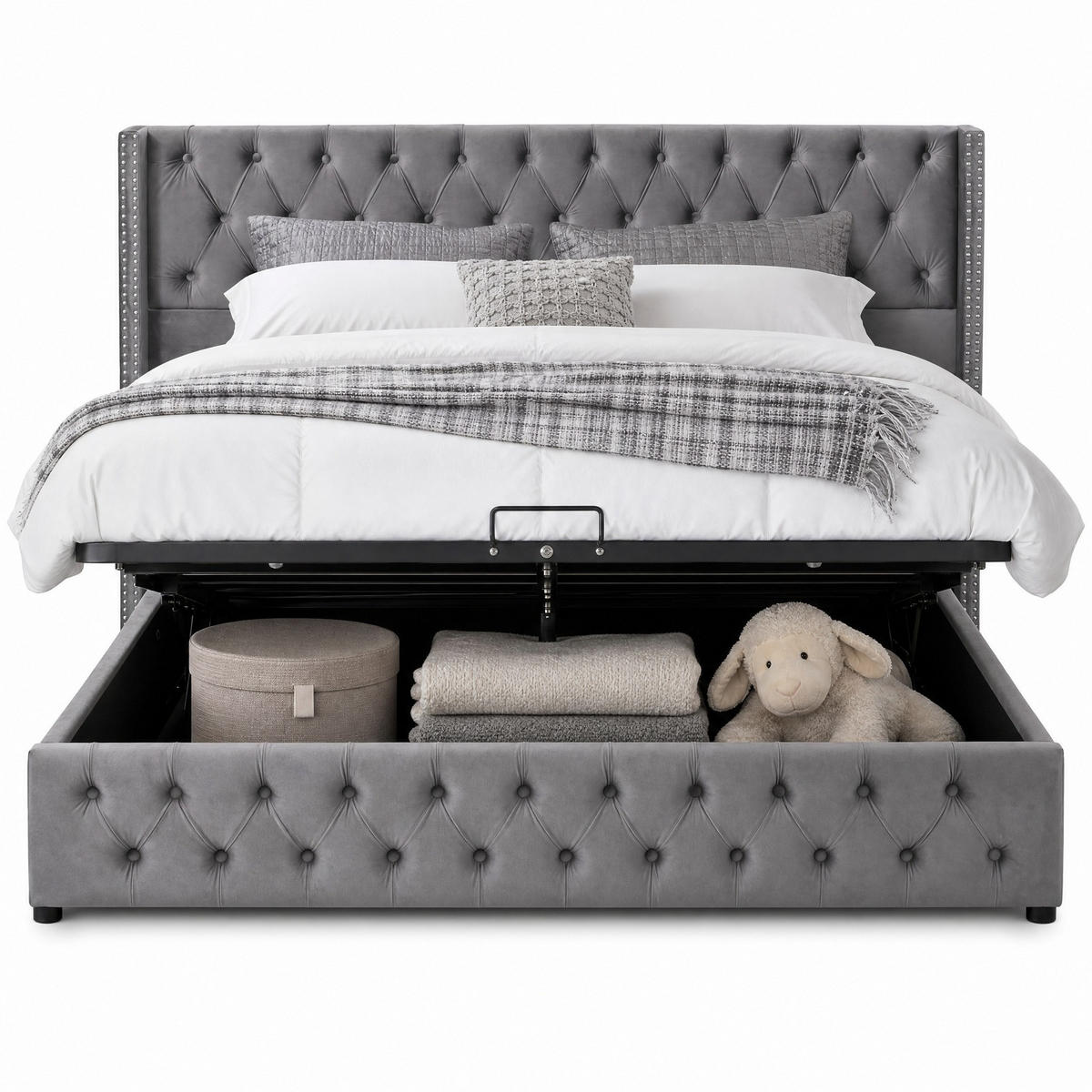 POLSTERBETT 160/200 cm in Grau mit Bettkasten Samt - Grau, Holzwerkstoff/Textil (160/200cm) - CHICFURN