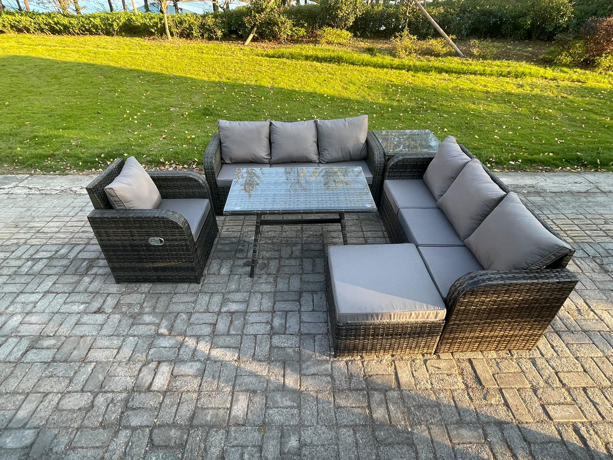 GARTENSET Hohe Rückenlehne Polyrattan 8-Sitzer - Dunkelgrau/Grau, Glas/Kunststoff - Fimous