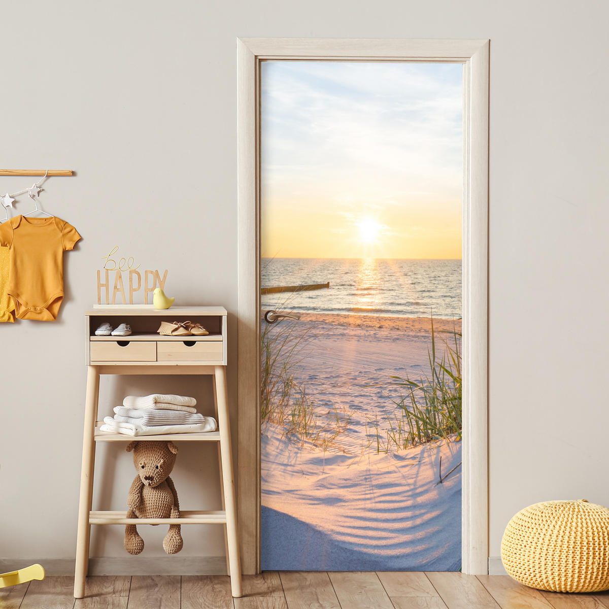 TÜRAUFKLEBER Selbstklebend - Strand - Sonne - Düne - Gras - Sand - Horizont 95x215 cm - Türtapete - Dunkelgelb, Kunststoff (95/0.1cm) - MuchoWow