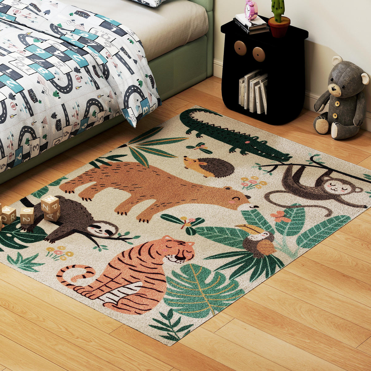 TEPPICH Anti-Rutsch Wohnzimmerteppich Kurzflor mit Dschungel-Muster Fleece-Optik - Multicolor, Textil (120/160cm) - HOMCOM