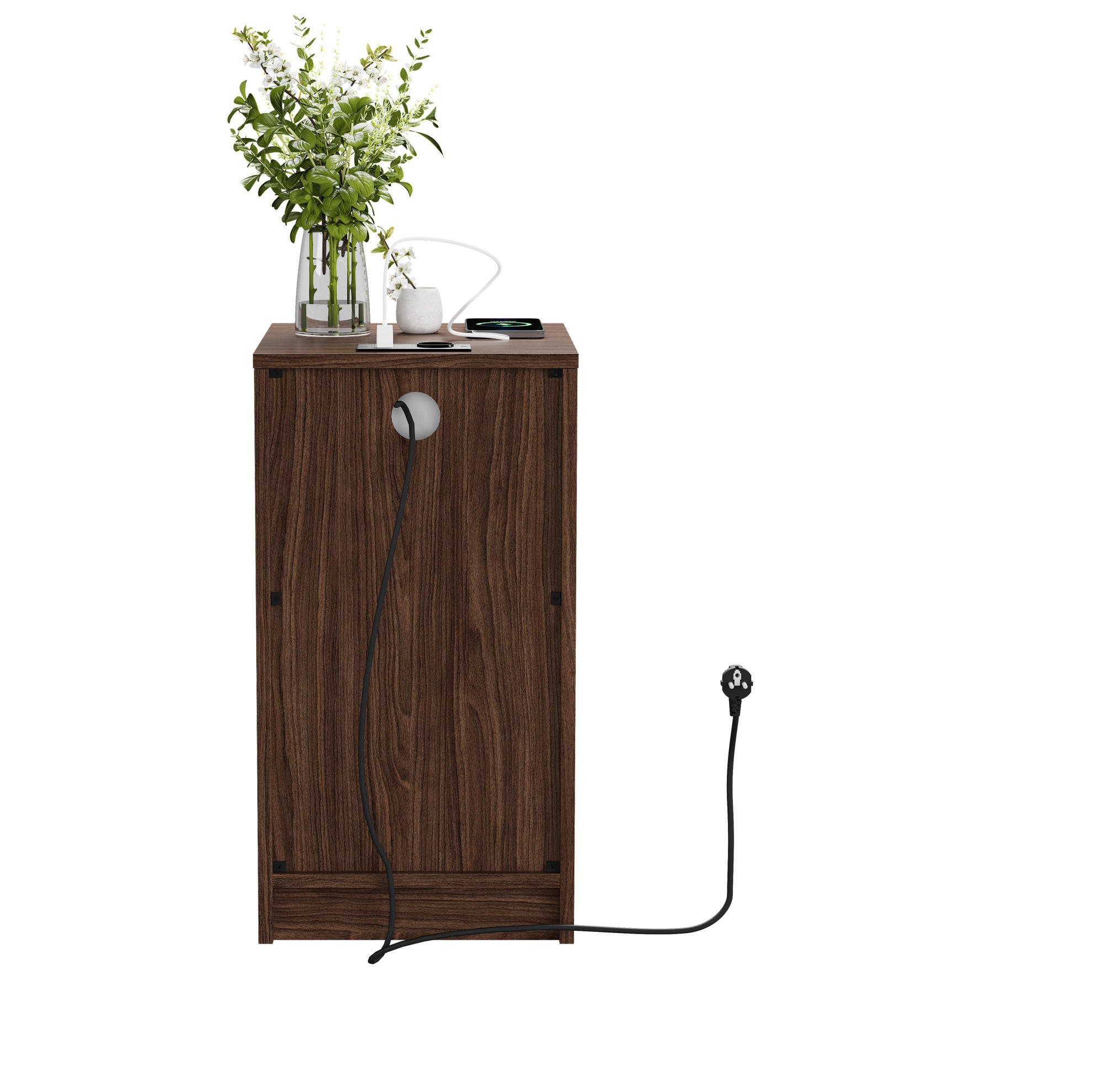 NOČNÝ stolík 40/33/61,5 cm hnedý s nabíjacou stanicou a zásuvkou z MDF - hnedá, kompozitné drevo (33/61.5/40cm) - OKWISH