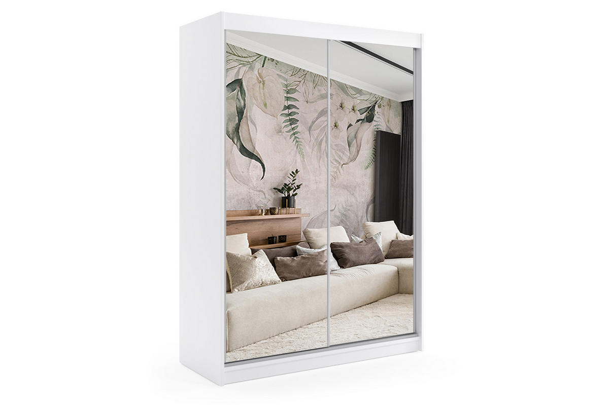 KLEIDERSCHRANK mit Spiegel-Schiebetüren und Aluminium-Leisten, LED-Beleuchtung - DEBI - 160 cm Weiß - Weiß, Holzwerkstoff (160/216/61cm) - ALTDECOR