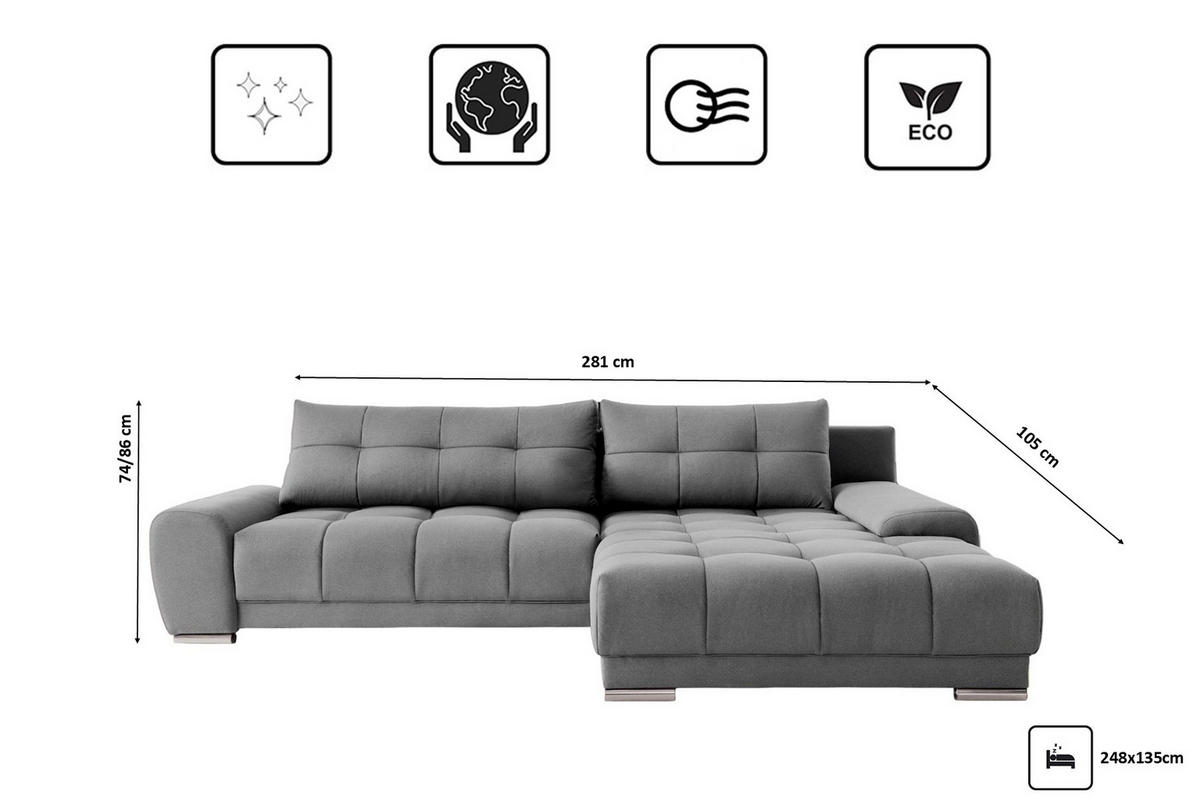 ECKSOFA WAVE Mit Schlaffunktion, Stoff SORO, Grau Rechts - Grau, Holz (281/105cm) - Kaiser Möbel