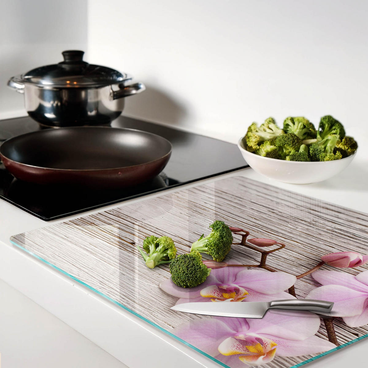 GLASPLATTE 60x52 cm Orchidee auf Holz - Beige, Glas (60/0.4/52cm) - TULUP