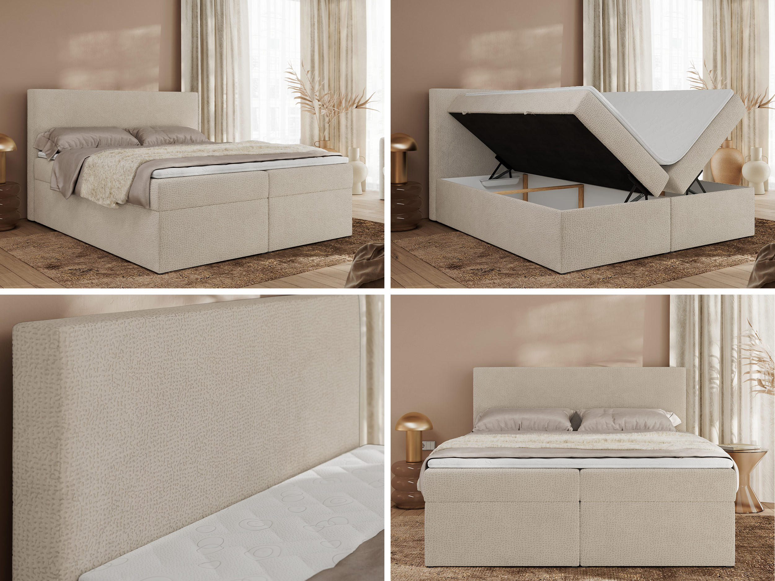 Thumbnail - MKS Boxbett, Beige, Textil, 2-Sitzer, H4, 7-Zonen, Rechteckig, 160x200 cm, Oeko-Tex®, Schlafzimmer, Betten, Boxspringbet...