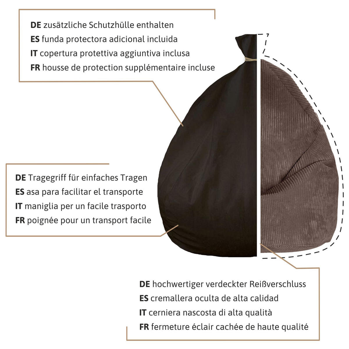 SITZSACK MIT FUßSTÜTZE Kordsamt 2-tlg Roasted Cocoa M - Dunkelbraun/Braun, Textil (80/120/80cm) - Dreamroots