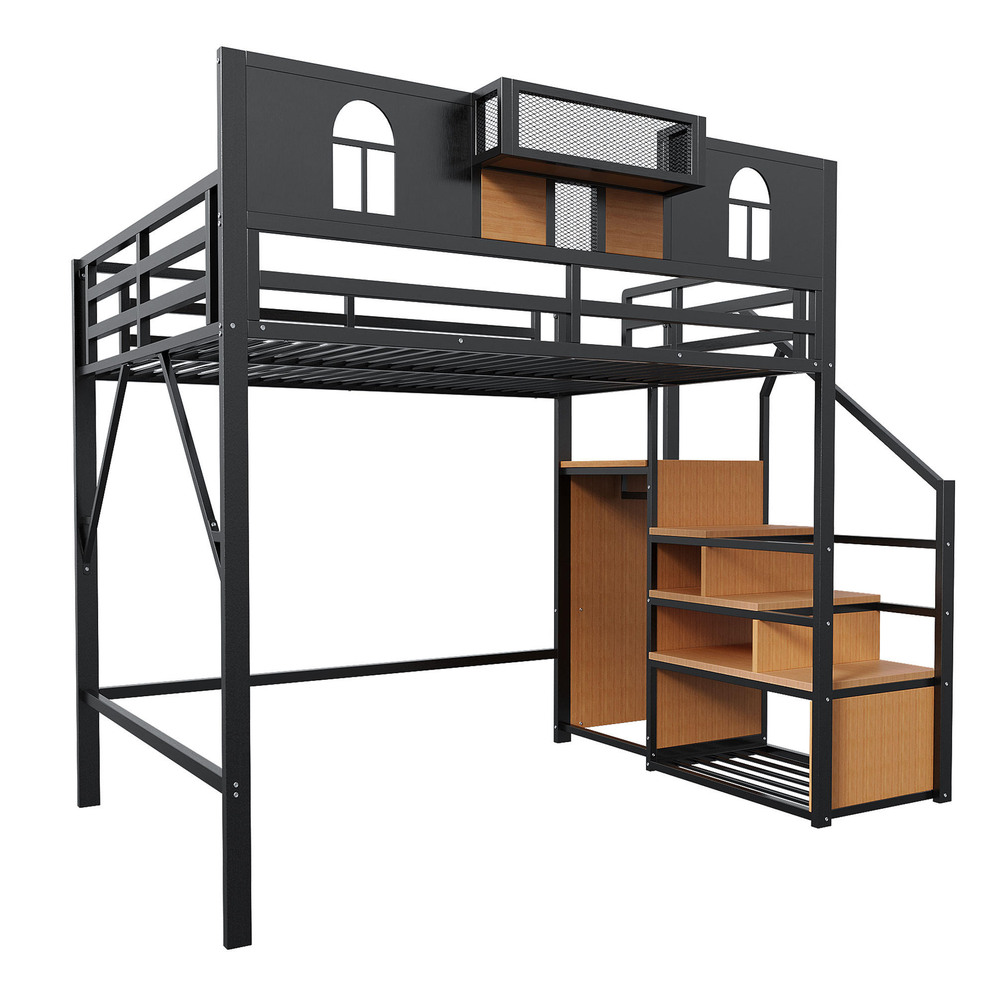 HOCHBETT 140/200 cm Schwarz mit Stautreppen, Lichtleisten und Staufächer - Schwarz, Metall (140/200cm) - Oxeza