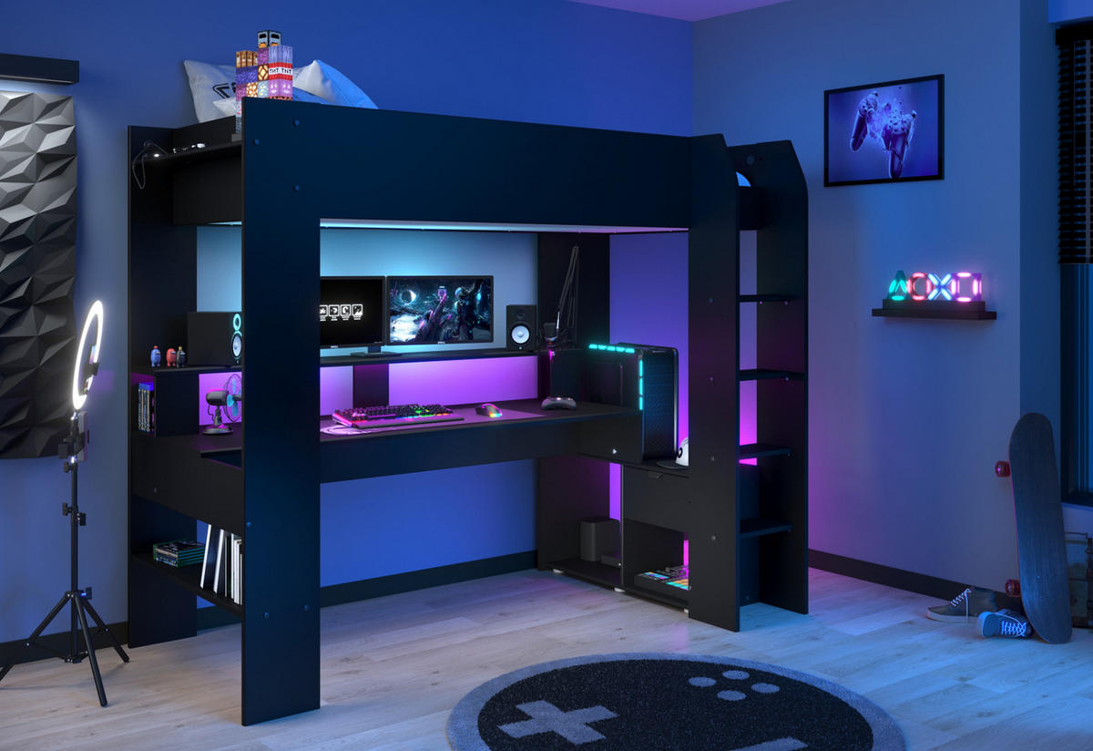 HOCHBETT Jugendzimmer mit Schreibtisch Bett 90x200 cm inkl. LED - Schwarz, Holz/Holzwerkstoff (90/200cm) - Parisot Meuble