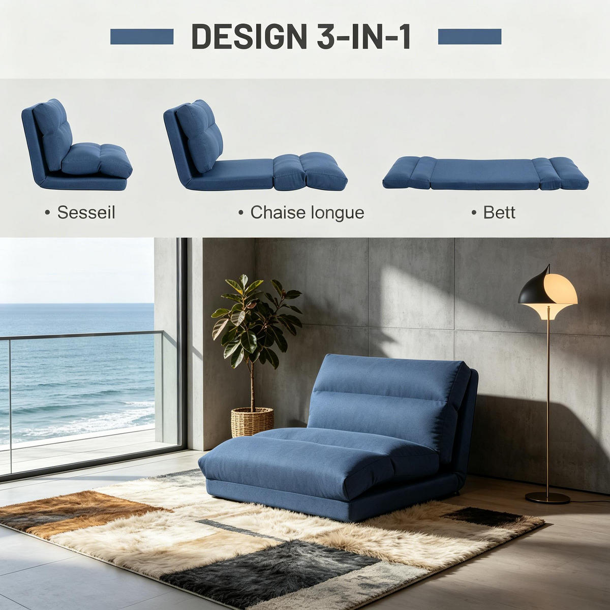 SCHLAFSESSEL DE-33491 5-fach verstellbar mit Bettfunktion Dunkelblau - Blau, Metall (70/56/72cm) - ComfortXL