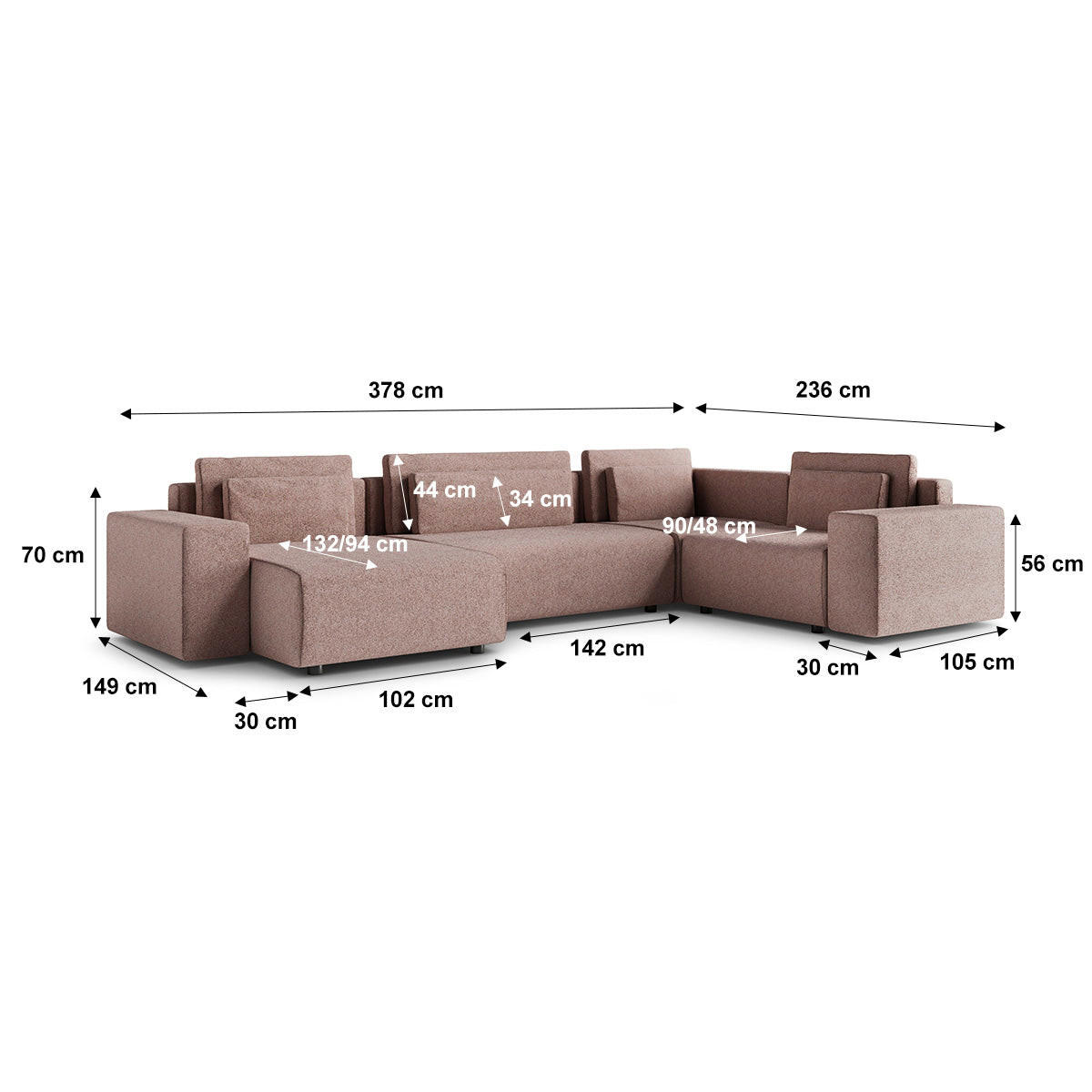 PANORAMASOFA Lorenzo 5 Sitzplätze Rosa - Pink, Holz (378/85/236cm) - Petits-meubles