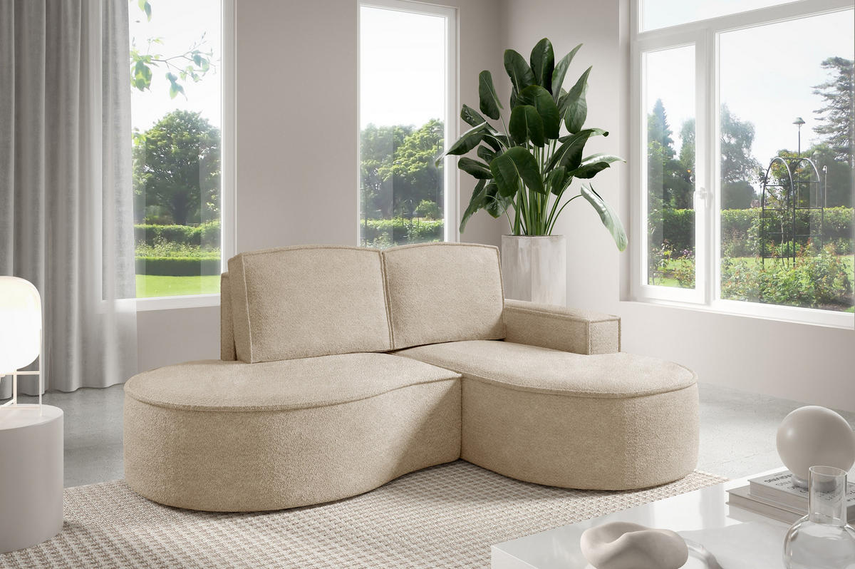 ECKSOFA MOLLY – Halbkreisförmig, Abriamo-Bouclé, Lose Kissen, Bouclé-Bezug, 210x157x88 cm, Rechts, Beige - Beige, Holz/Textil (210/157cm) - DomoHome