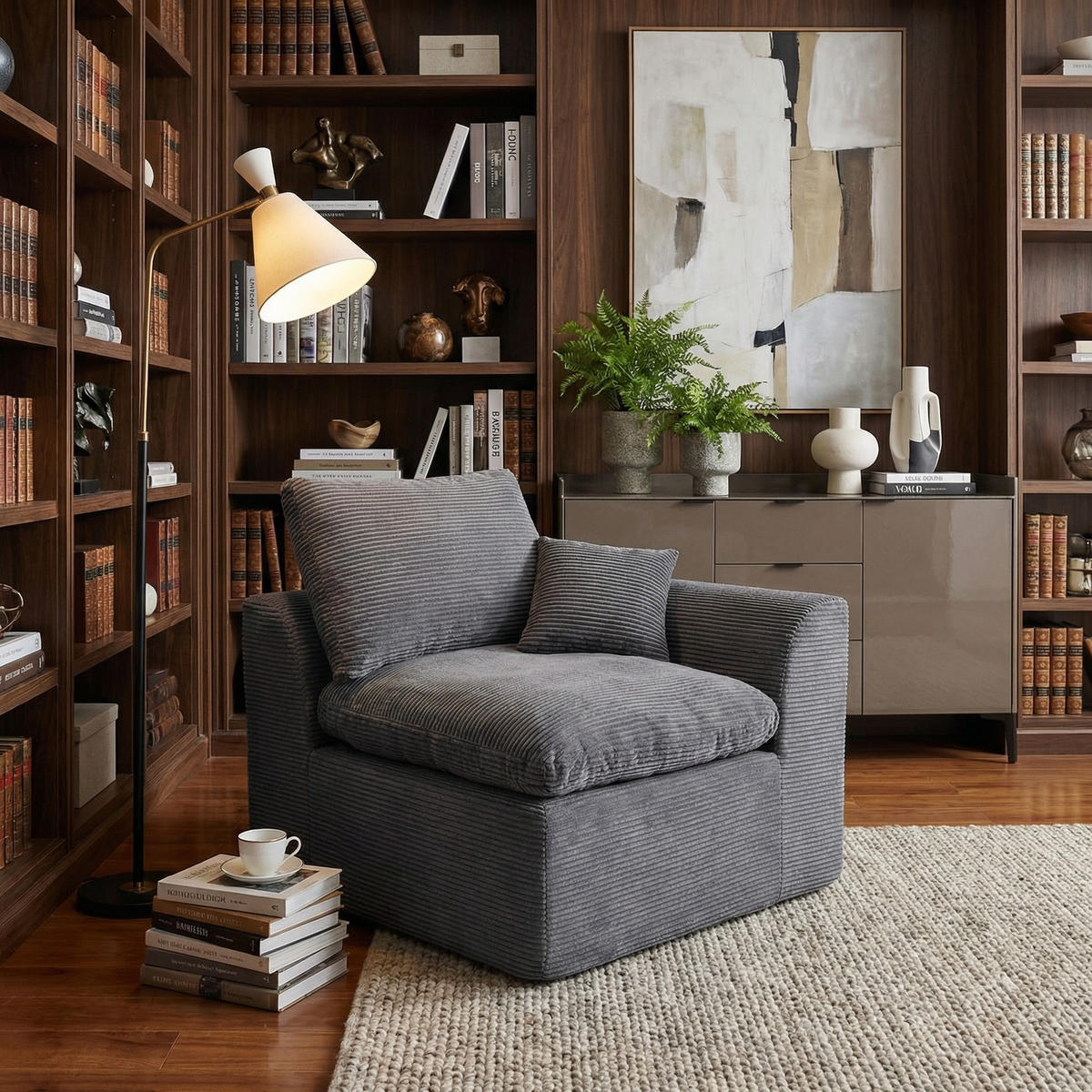 SESSEL Cord-Sofa mit Federkern-Polsterung und Kissen, Montagefrei - Dunkelgrau, Textil (101/84/102cm) - Urban Meuble