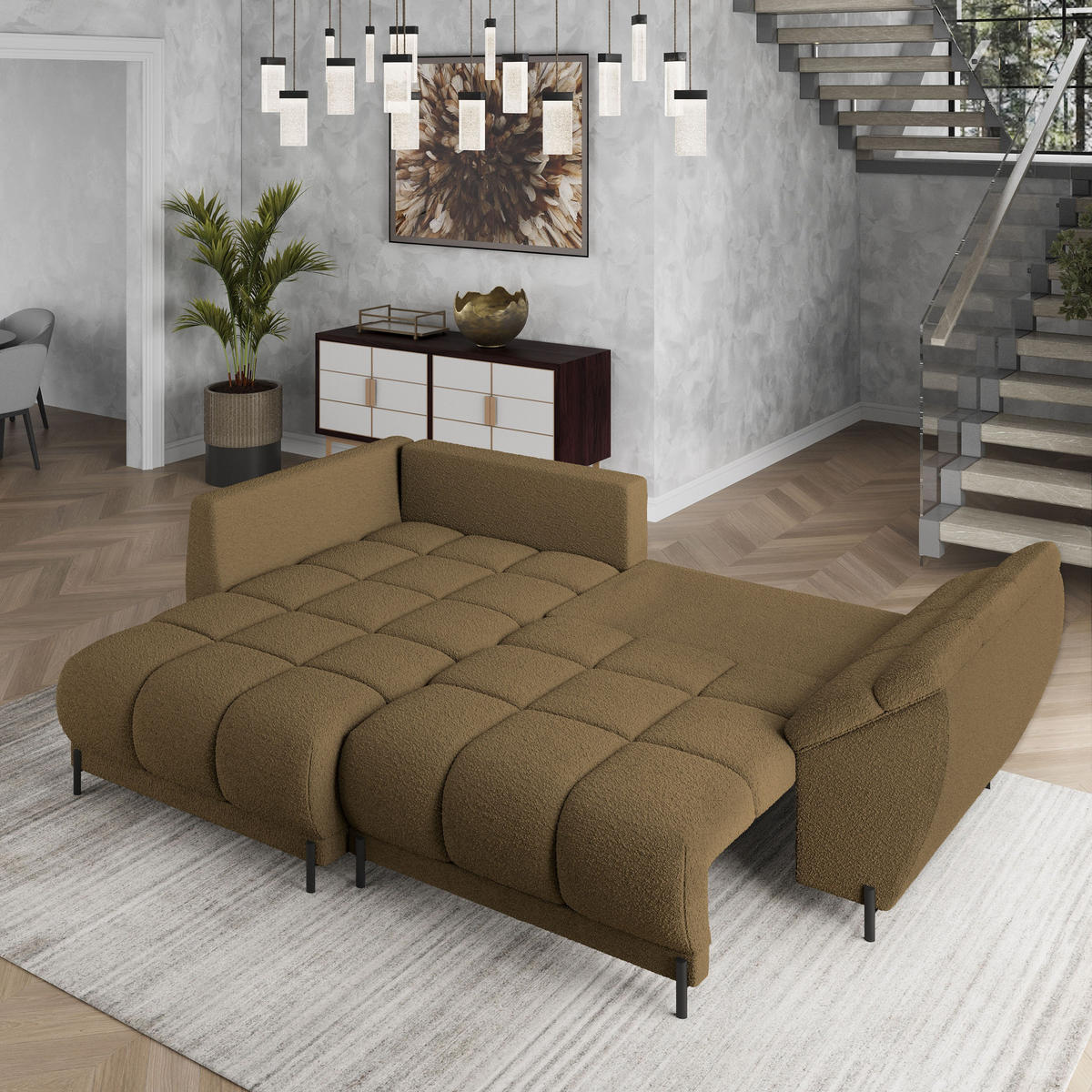 ECKSOFA VESTANO L-S Orange Boucle-Stoff mit Schlaffunktion - Orange, Holz (287/182cm) - MASSENO