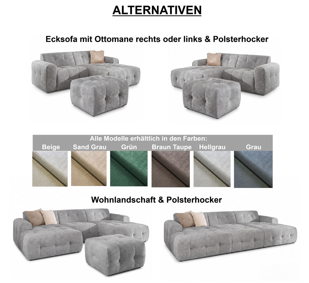 WOHNLANDSCHAFT in U-Form mit raffinierten Steppungen, 6-Sitzer, Wellenunterfederung, B323/T161/H79 cm, Chenille-Bezug in Hellgrau / 21051 - Hellgrau/Schwarz, Kunststoff/Textil (323/79/161cm) - luma-home