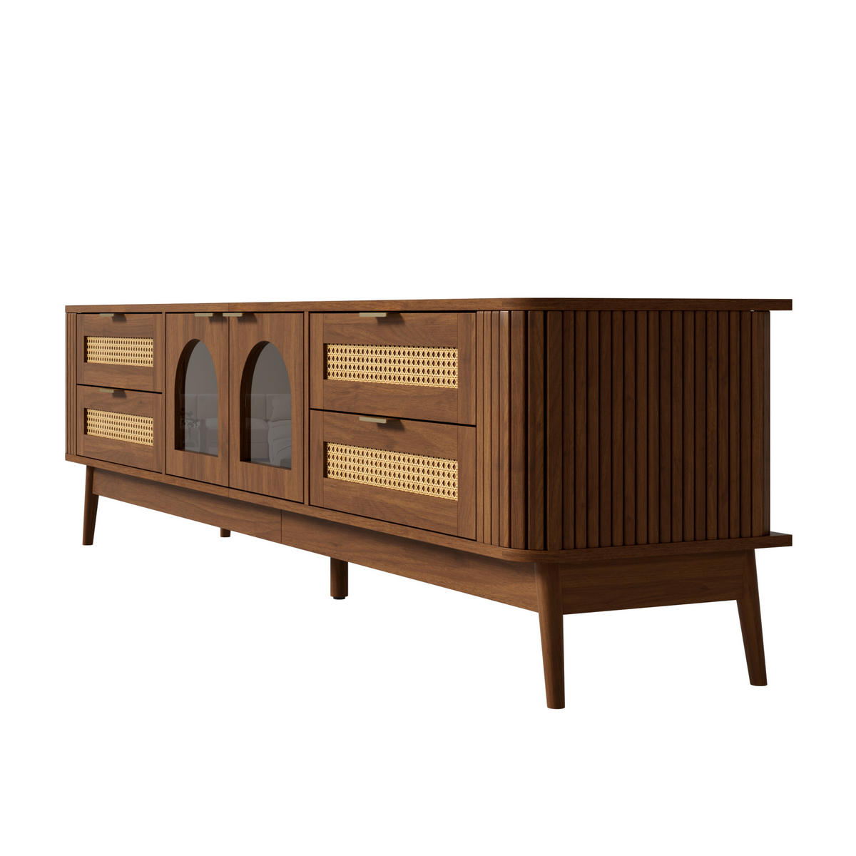 TV-ELEMENT mit Glasfront, App-LED-Beleuchtung und Massivholzfüßen - Nussbaumfarben, Holzwerkstoff (40/50/180cm) - Korfee