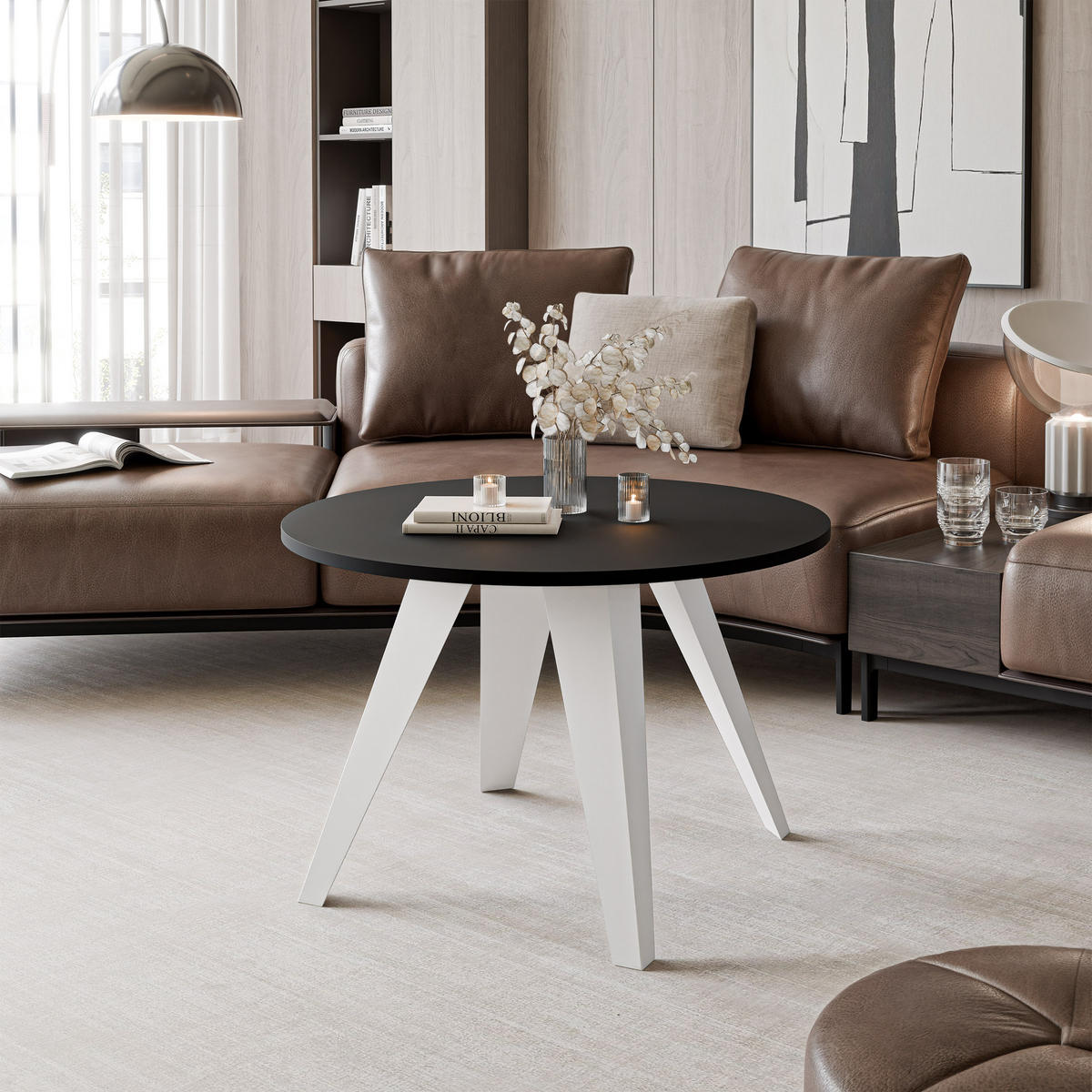 COUCHTISCH FRESCO 75/50 cm runden, Weiß / Schwarz geriffelt - Schwarz/Weiß, Metall (75/75/50cm) - Idohome