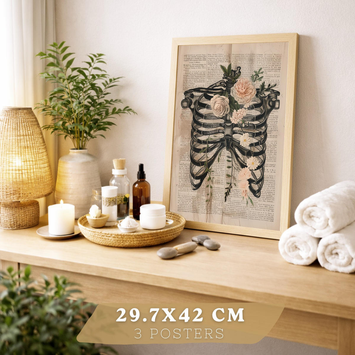 POSTER Set aus 3 Anatomie Mensch Drucke und Wandbilder mit Leber Rippen und Schädel Retro Floraler Stil Wanddekoration Größe Leichter Holzrahmen A3 - Beige, Papier (29.7/42/3cm) - Nacnic