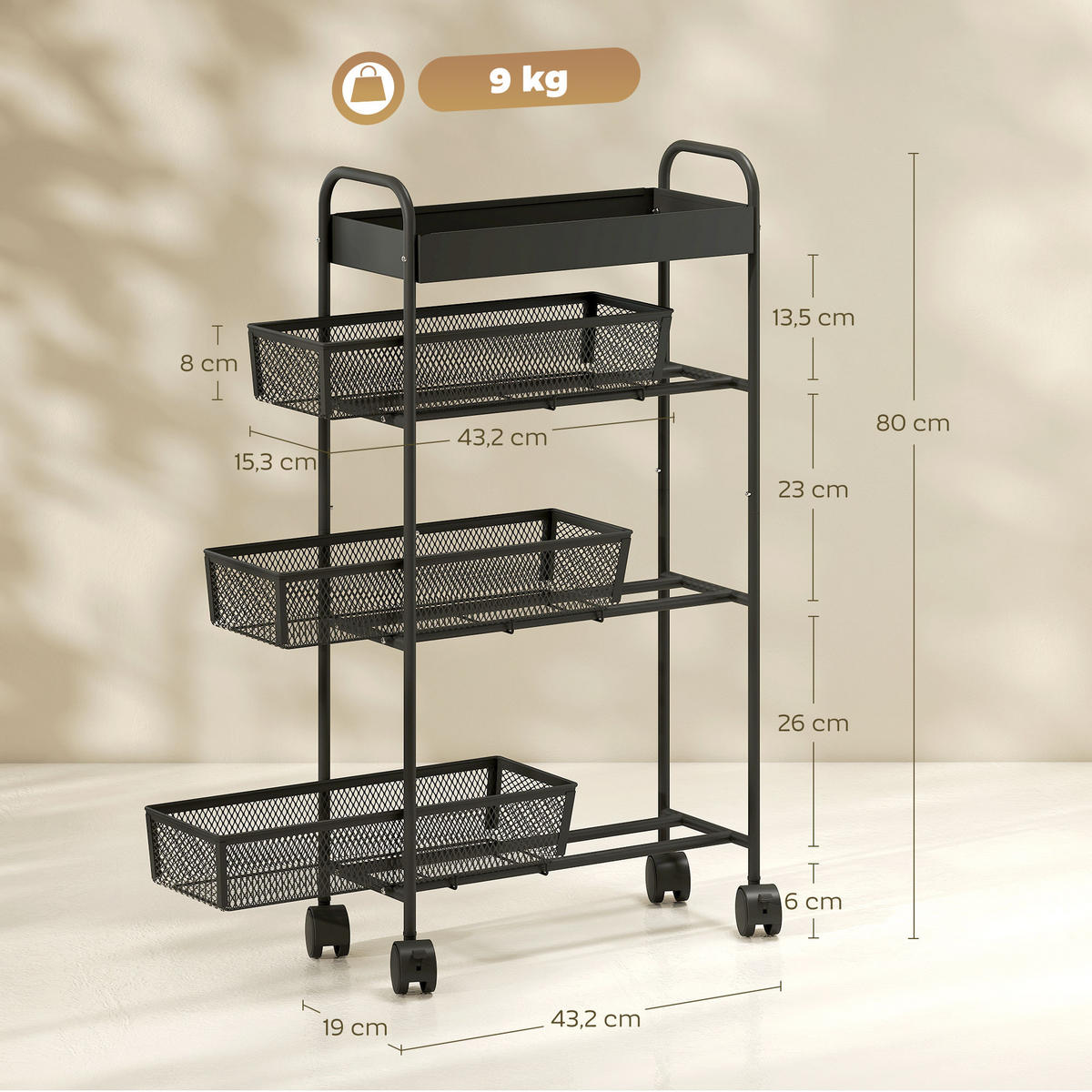 KÜCHENWAGEN DE-17141 3 ausziehbare Körbe & obere Ablage Schwarz - Schwarz, Metall (19/80/43.2cm) - ComfortXL