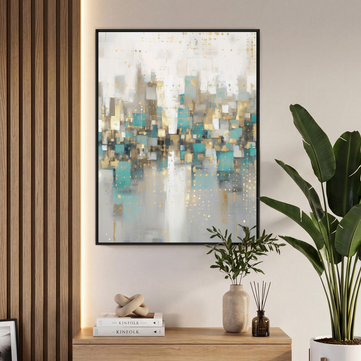 LEINWAND Bilder mit Rahmen - Abstrakt - Blöcke - Gold - Skyline - 70x100 - Beige, Textil (70/100cm) - MuchoWow