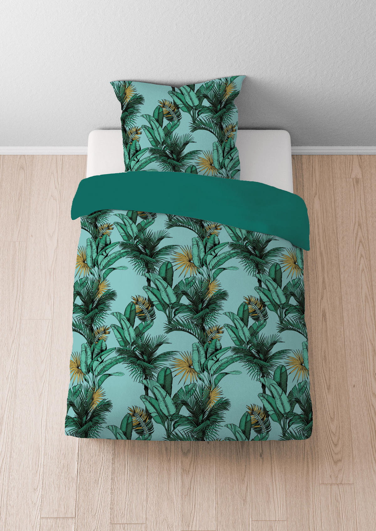 BETTWÄSCHE-GARNITUR Satin Jungle gletscher, 135x200 cm + 80x80 cm - Hellblau, Textil (135/200cm) - Castell