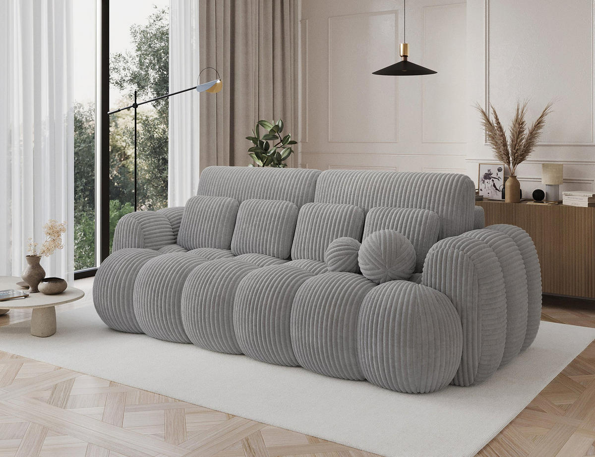 SCHLAFSOFA COTONN 256 cm – Modernes 3-Sitzer Sofa mit Schlaffunktion, Bettkasten und Dekokissen - Grau, Kunststoff (256/119/105cm) - Wohnideebilder