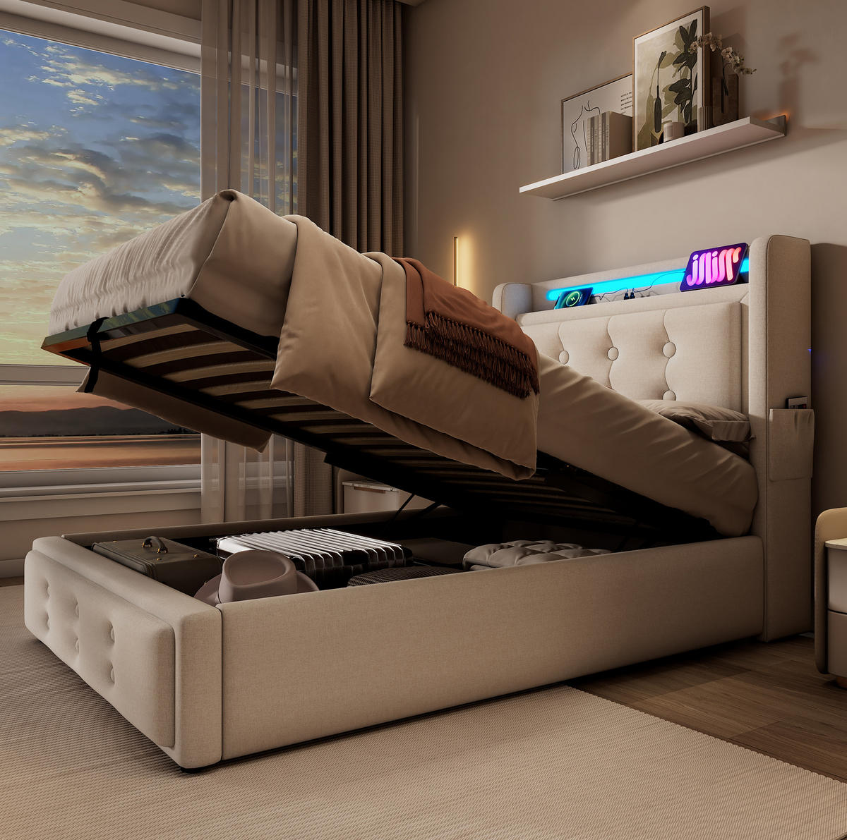 POLSTERBETT 90/200 cm Beige mit Stauraum, LED-Beleuchtung und USB- und Type-C-Anschlüssen - Beige, Textil (90/200cm) - Flora Grace