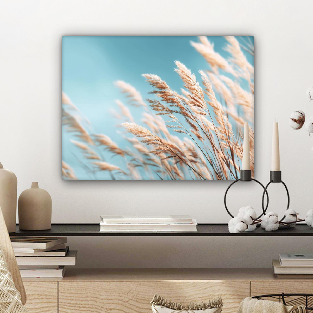 LEINWANDBILD Ziergras - Wind - Hellbraun Wandbild 40x30 cm - Hellblau, Textil (40/30cm) - MuchoWow