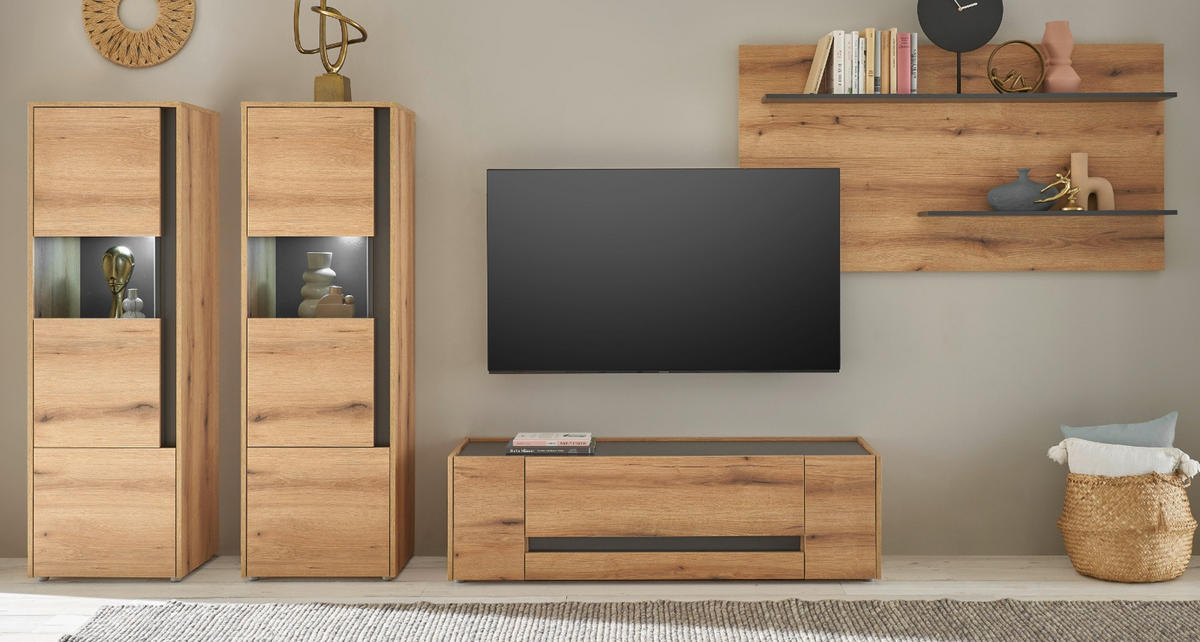 WOHNWAND Evoke Eiche, grau, Wohnkombination Set 4-teilig, 340 cm - Eichefarben/Grau, Glas/Holz (340/170/45cm) - Furn.Design