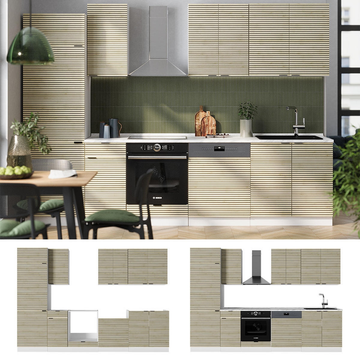 KÜCHENZEILE Fame-Line Eiche Paneel/Weiß 300 cm ohne Arbeitsplatte - Hellbraun/Weiß, Holzwerkstoff (300/81.6/46cm) - Vicco