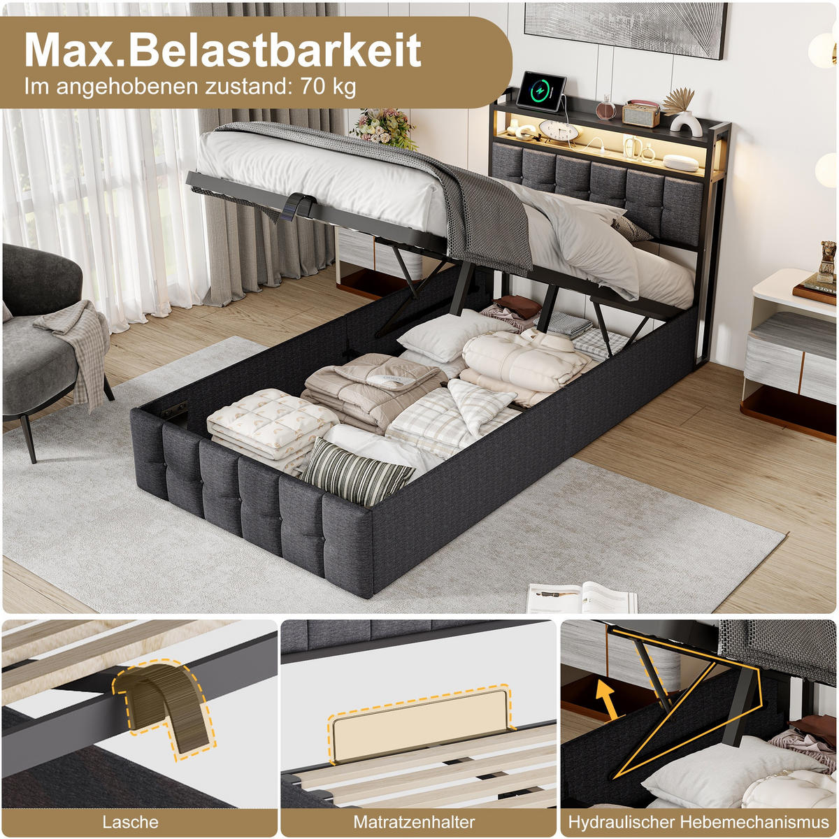 POLSTERBETT 90x200 cm Smart-Sleep Pro mit Hydraulik-Stauraum, RGB-LED & Ladestation, Leinen-Optik, Grau - Grau, Textil (90/200cm) - DELFA