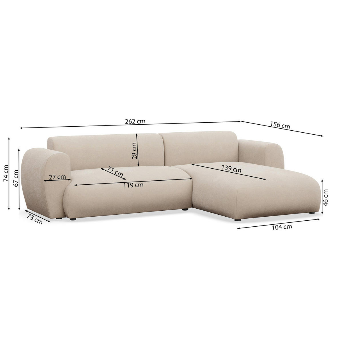 ECKSOFA Emia Hellbeige links - Ecru/Schwarz, Kunststoff/Textil (262/156cm) - Selsey