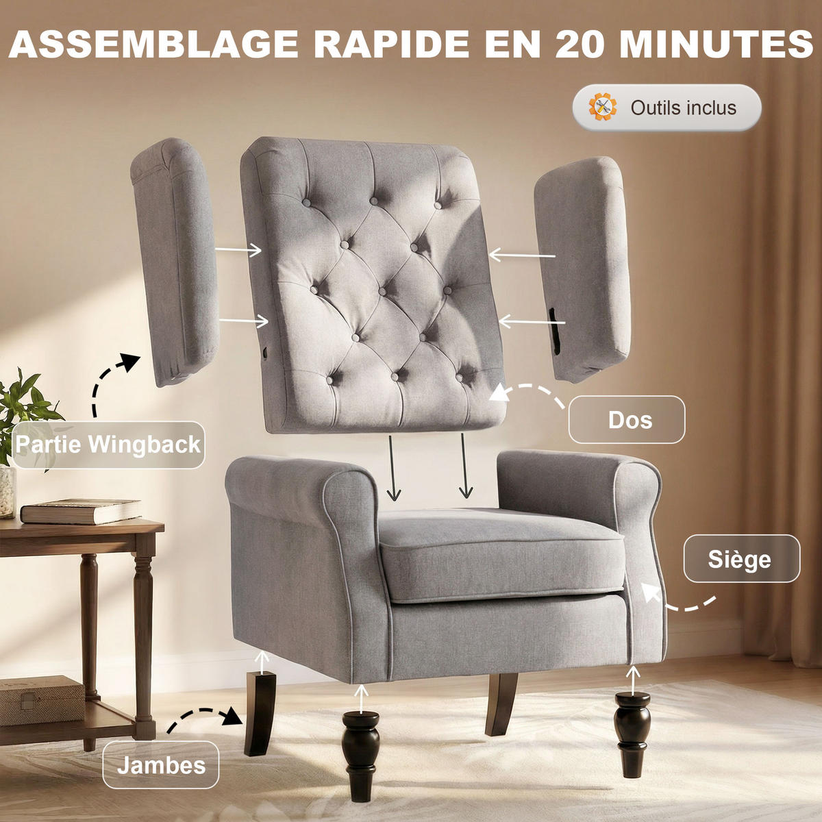 SESSEL DE SALON DE-13408 Gris - Grau, Textil (86/102/74cm) - ComfortXL