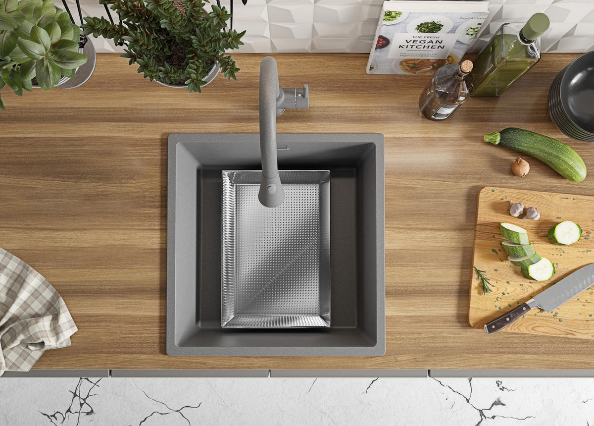 GRANITSPÜLE London Slim, 2-er set Grau 46/47 cm 1 Becken + Küchenarmatur 38/14 cm + Ablauf-Set ab 50er Unterschrank - Grau, Kunststoff (46/20/47cm) - Primagran