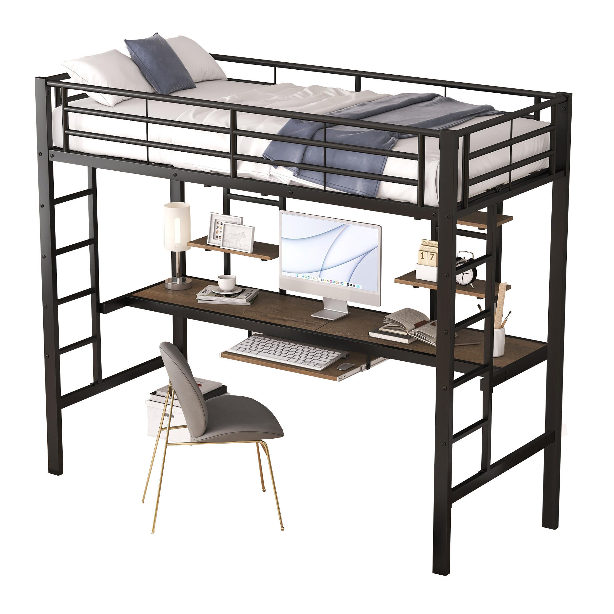 CHICFURN VYVÝŠENÁ POSTEL 90/200 cm v černé barvě se stolem a 2 policemi